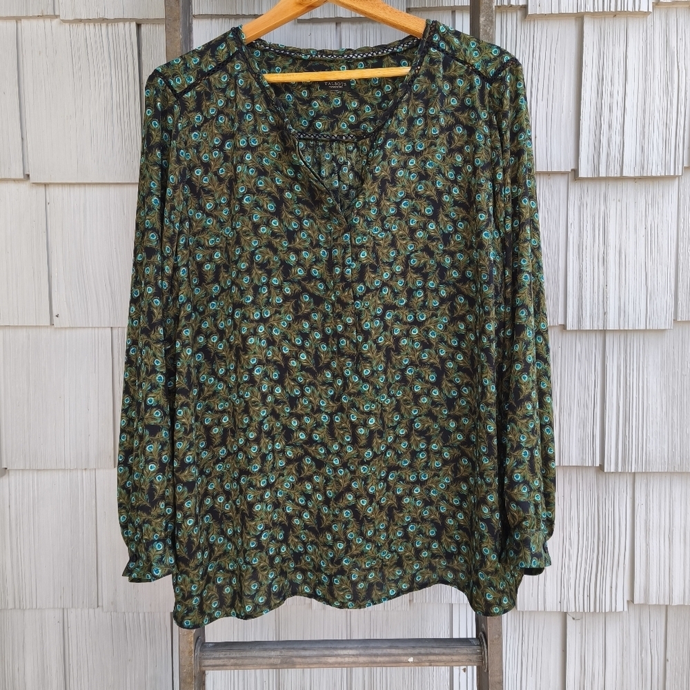 Talbots Woman Petites Peacock Feather Print Lace Trim 1/4 Button Blouse sz 3XP
